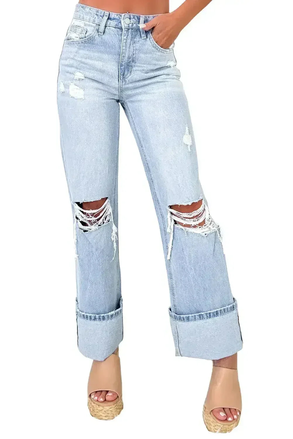 Beau Blue Light Wash Distressed Flare Jeans - Femstylo