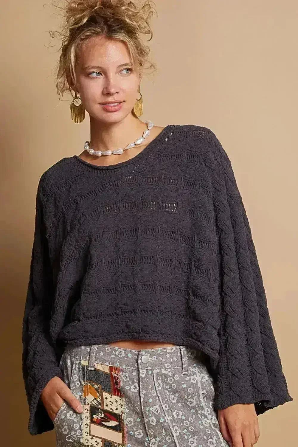 POL Round Neck Cable Knit Cropped Sweater - Femstylo
