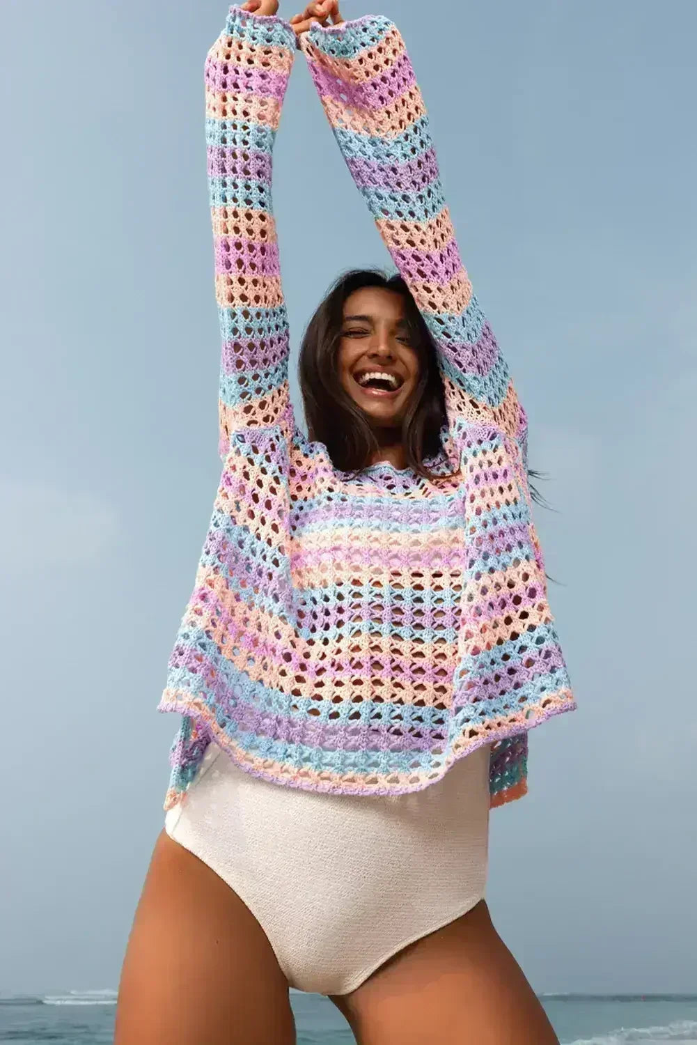 Purple Striped Hollow Knit Summer Beach Cover Up - Femstylo