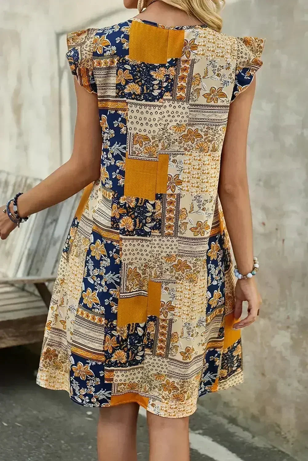 Multicolour Boho Floral Pleated Sleeveless Mini Dress - Femstylo