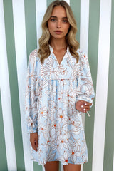 Brown Floral Print Tie Neck Long Sleeve Mini Dress