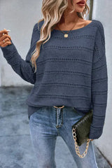 Real Teal Boat Neck Drop Shoulder Pointelle Knit Sweater - Femstylo