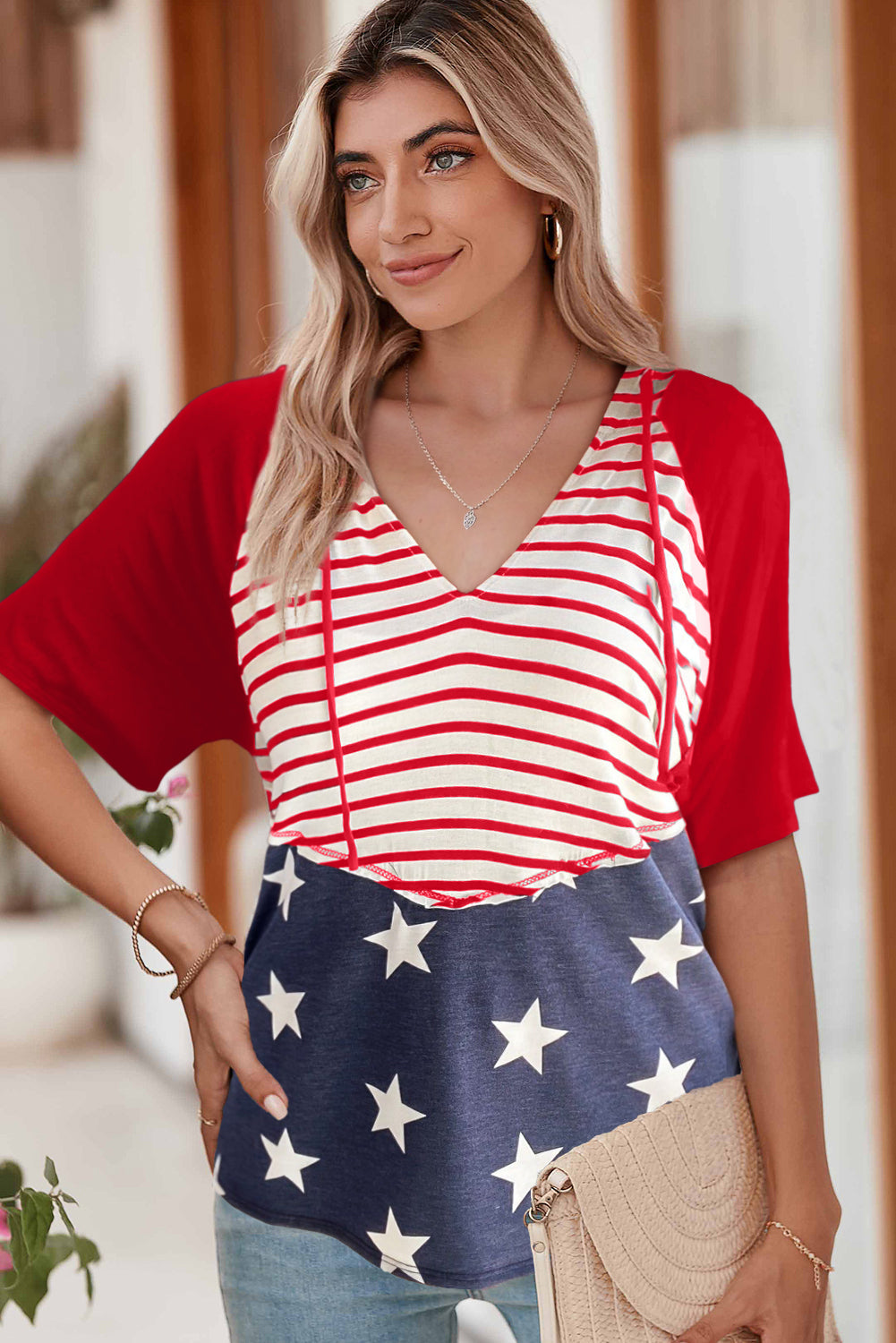 Fiery Red Stars and Stripes Print Drawstring Hooded T Shirt