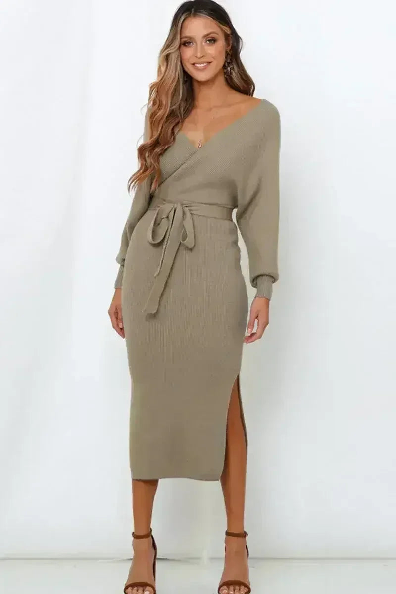 Surplice Neck Bow Waist Slit Sweater Dress - Femstylo