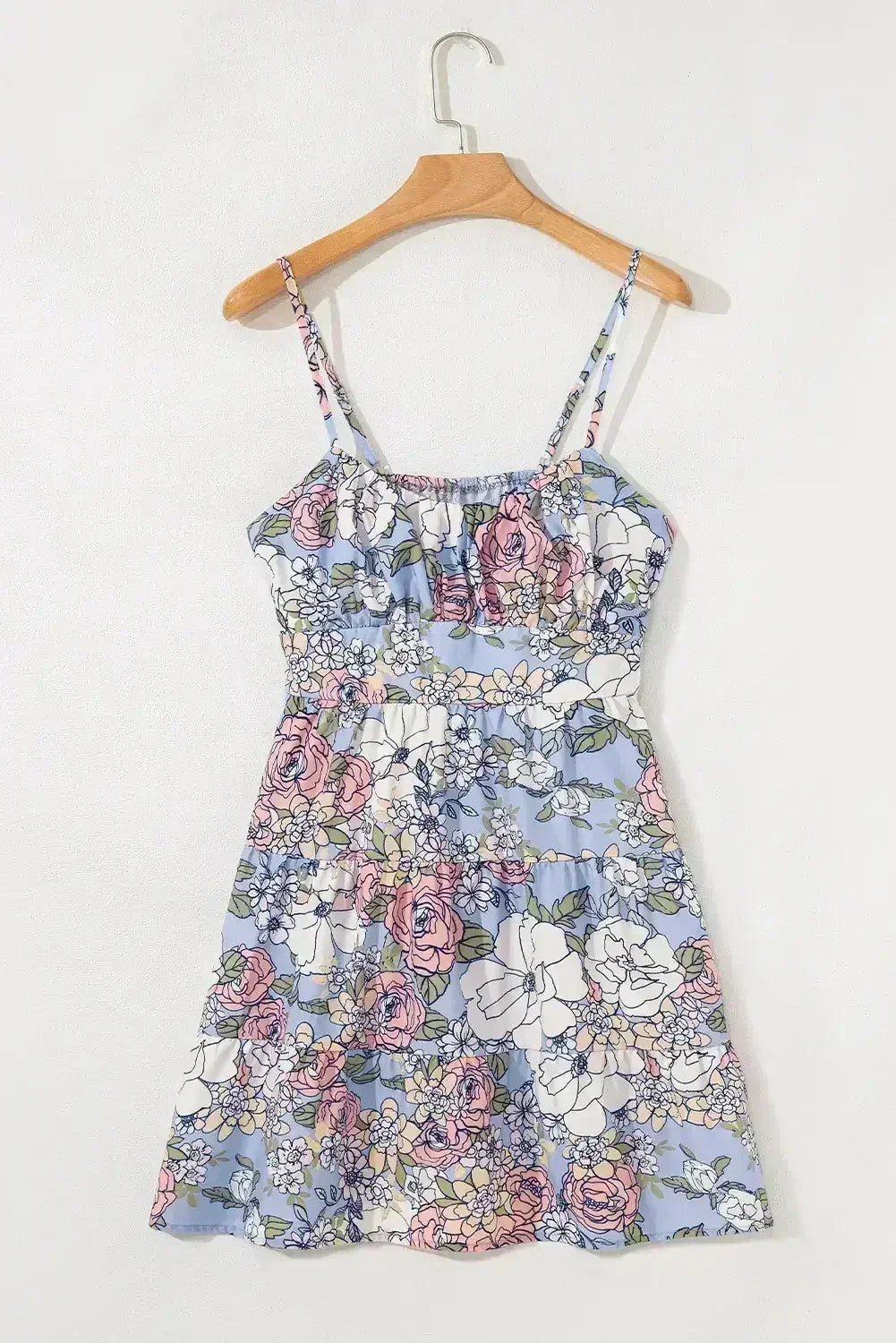 Sky Blue Floral Tiered Patchwork Spaghetti Strap Vacation Dress - Femstylo
