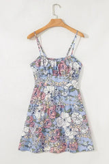 Sky Blue Floral Tiered Patchwork Spaghetti Strap Vacation Dress - Femstylo