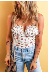 White Floral V Cut Frilled Trim Spaghetti Straps Bodysuit - Femstylo