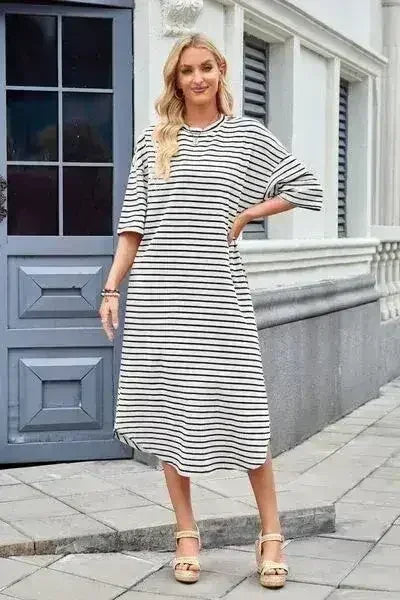 Lovelet Contrast Striped Half Sleeve Midi Tee Dress - Femstylo