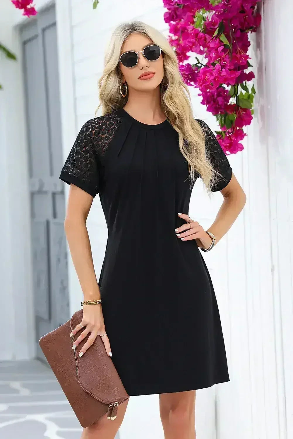 Navy Blue Contrast Lace Raglan Sleeve Pleated Mini Dress - Femstylo