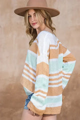Multicolor Colorblock Stripe V Neck Split Sweater - Femstylo