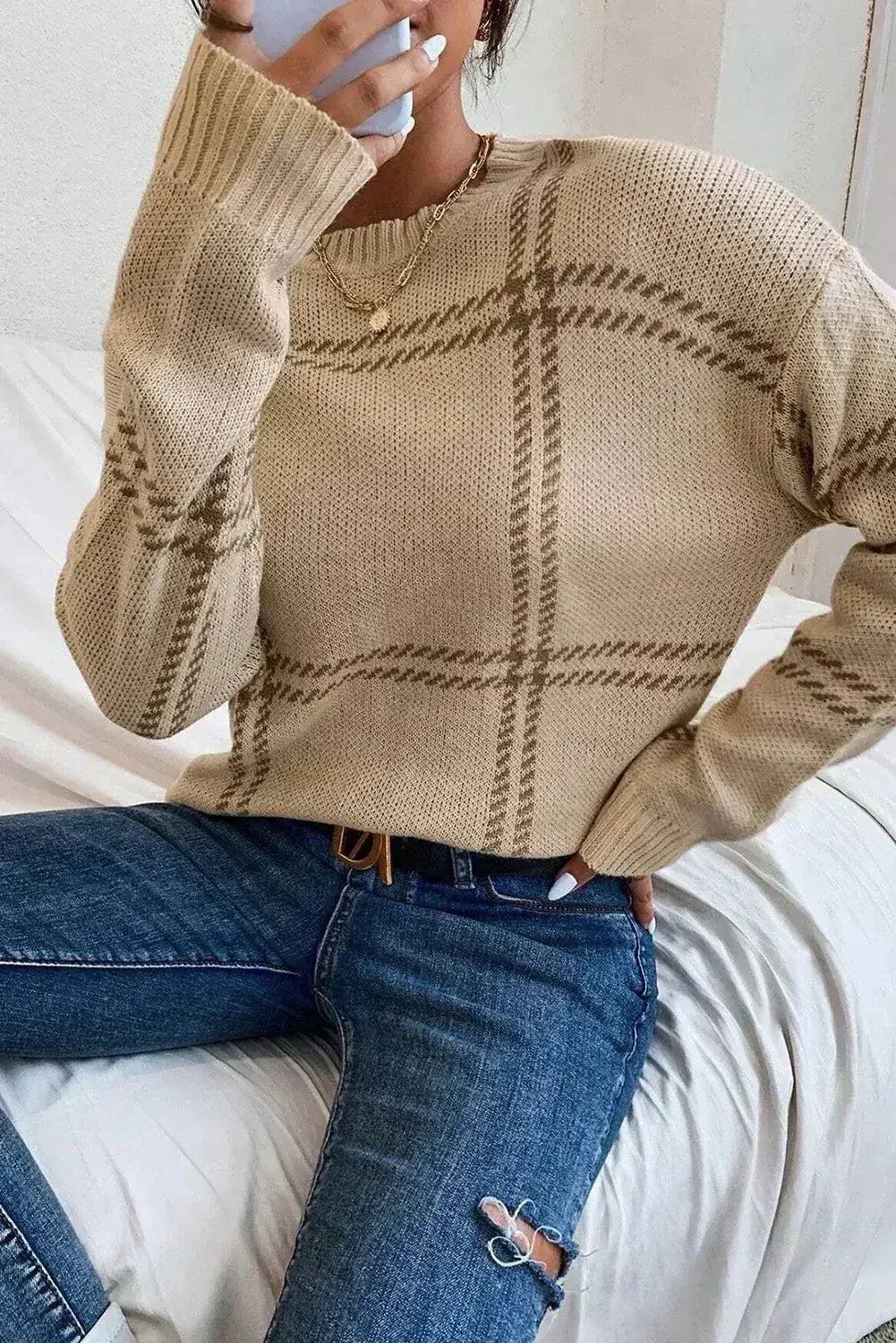 Khaki Plaid Pattern Knitted Drop Shoulder Sweater - Femstylo