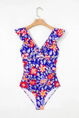 Pink Floral Ruffle Trim V Neck Backless One Piece Swimsuit - Femstylo