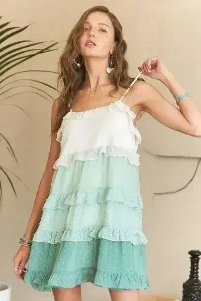 ADORA Swiss Dot Ruffled Tiered Mini Dress - Femstylo