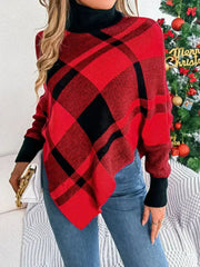 Plaid Turtleneck Batwing Sleeve Sweater - Femstylo