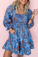 Blue Smocked Bodice High Waist Ruffled Sleeve Floral Dress