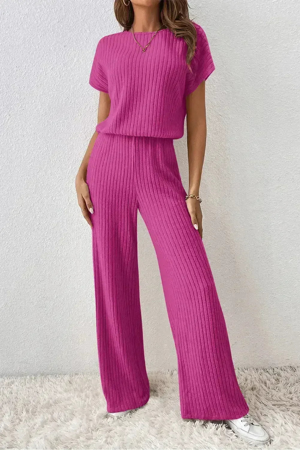 Rose Red Solid Color Ribbed Short Sleeve Wide Leg Jumpsuit - Femstylo
