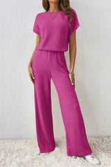 Rose Red Solid Color Ribbed Short Sleeve Wide Leg Jumpsuit - Femstylo