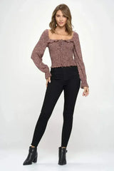 Smocked Floral Long Sleeve Top with Ruffle Neckline - Femstylo