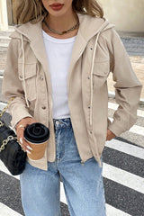 Beige Solid Color Textured Patchwork Flap Pocket Shacket