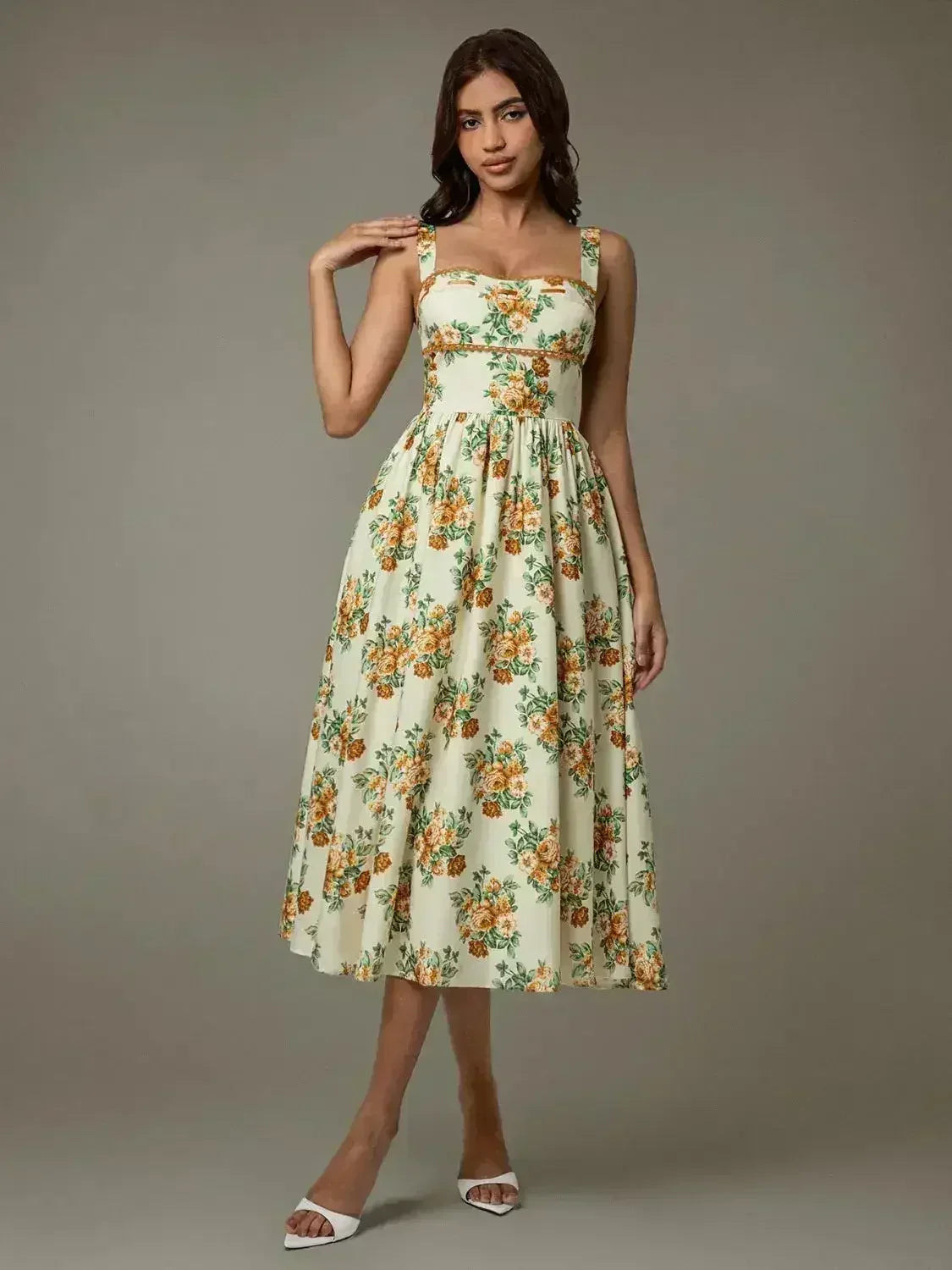 Lace Trim Floral Sleeveless Midi Dress - Femstylo