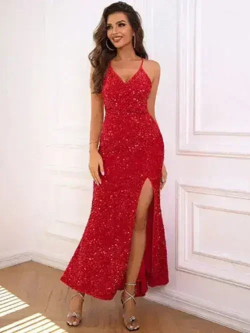 Slit Sequin V-Neck Cami Dress - Femstylo