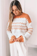 Khaki Zigzag Geometric Pattern Knitted Pullover Sweater - Femstylo