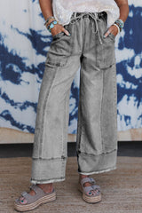 Gray Drawstring Seam Detail Raw Hem Wide Leg Jeans