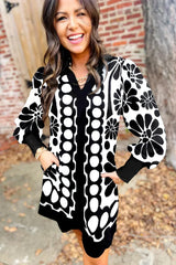 Black Abstract Print V Neck Puff Sleeve Mini Dress