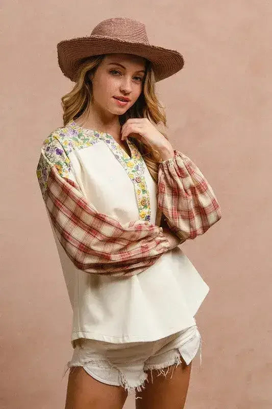 BiBi Floral Notched Plaid Balloon Sleeve Top - Femstylo