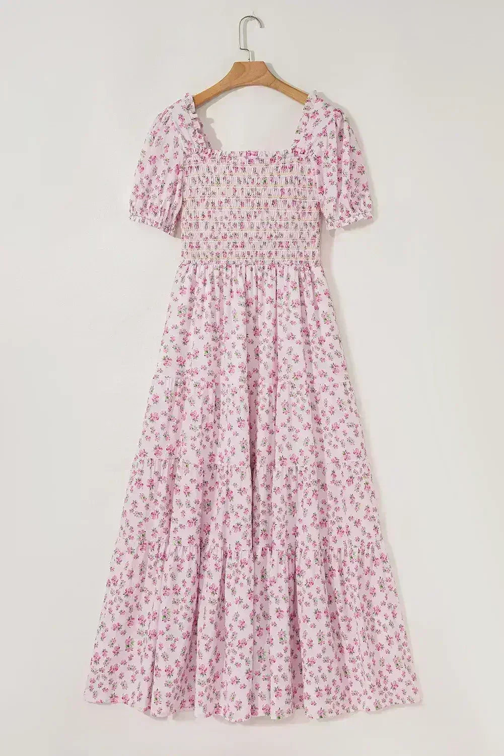 White Frill Neckline Shirred Bodice Floral Maxi Dress - Femstylo