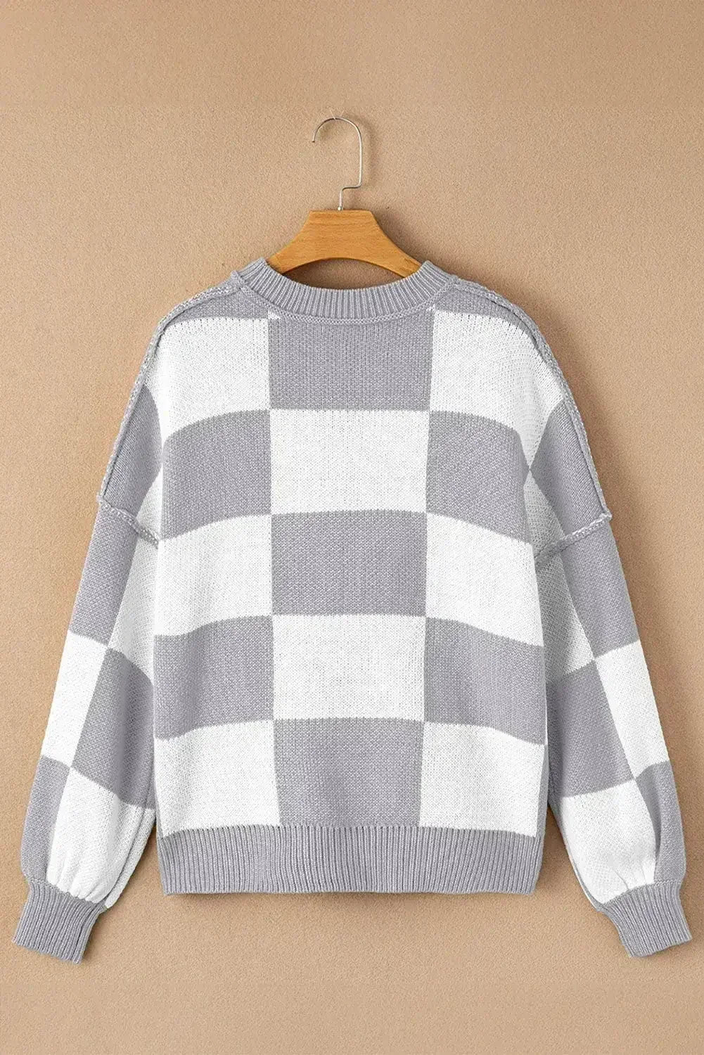 Green Checkered Bishop Sleeve Pullover Sweater - Femstylo