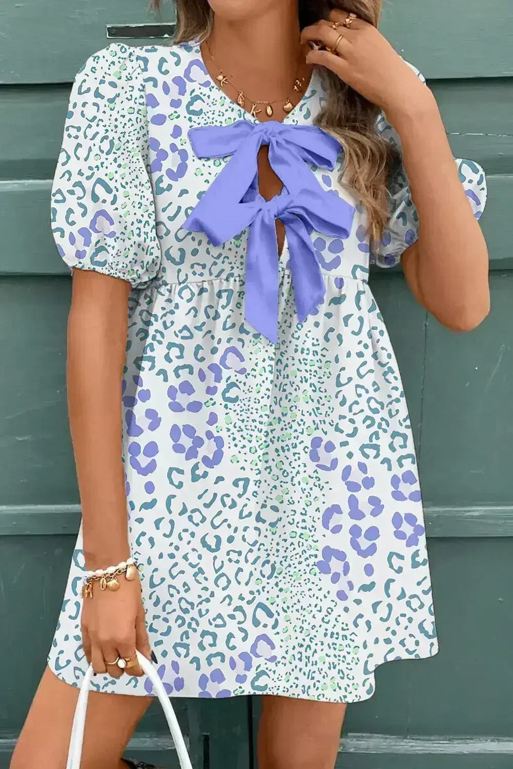 Sky Blue Leopard Bow Front Puff Sleeve Mini Dress - Femstylo