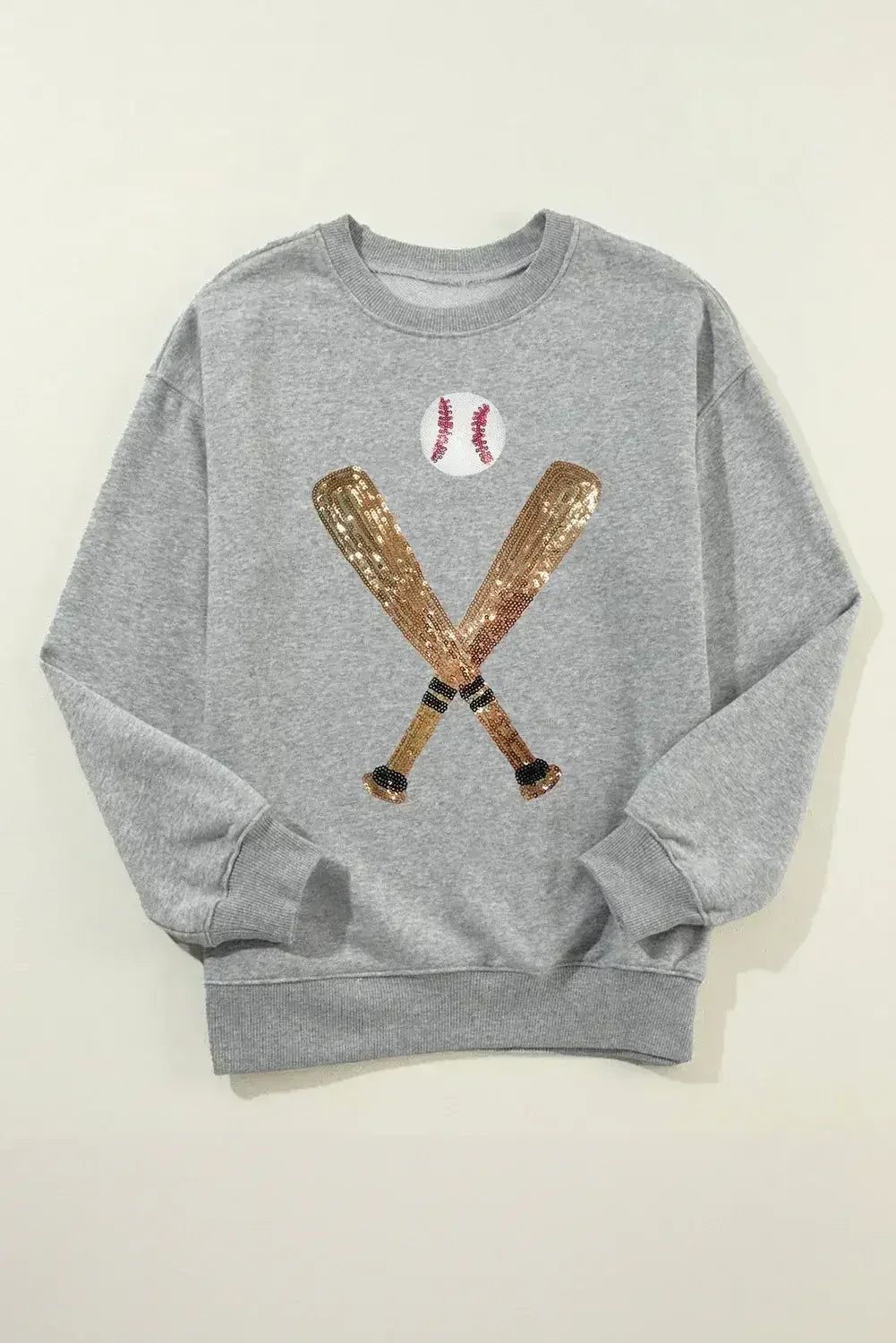 Gray Sequin Baseball Graphic Crewneck Game Day Sweatshirt - Femstylo