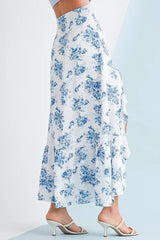 Sky Blue Boho Floral High Waist Ruffle Split Maxi Skirt - Femstylo