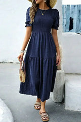 Sail Blue Solid Textured Smocked High Waist Midi Dress - Femstylo