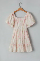 Pink Floral Puff Sleeve Square Neck Knotted Backless Ruffle Mini Dress - Femstylo