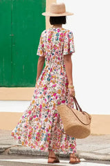 Red Floral Short Sleeve V Neck High Waist Maxi Dress - Femstylo