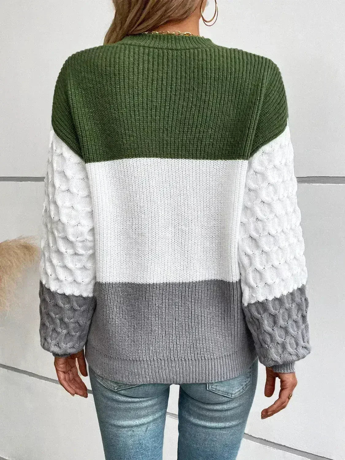 Color Block Round Neck Long Sleeve Sweater - Femstylo