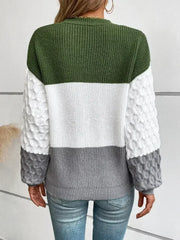 Color Block Round Neck Long Sleeve Sweater - Femstylo