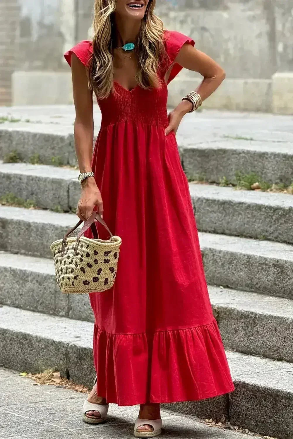 Black V Neck Flutter Sleeve Smocked Bodice High Waist Ruffle Maxi Dress - Femstylo