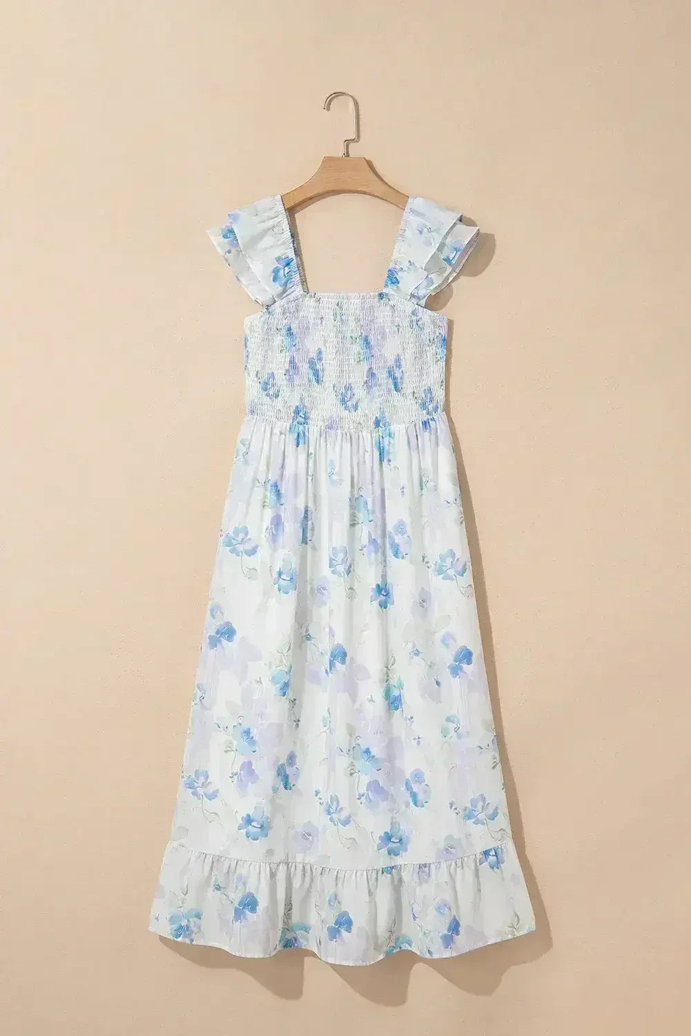 Sky Blue Floral Smocked High Waist Ruffle Sleeveless Long Dress - Femstylo