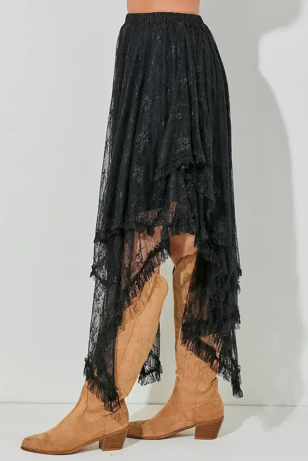 Beige Lace Cascading Tiered High Waist Maxi Skirt - Femstylo