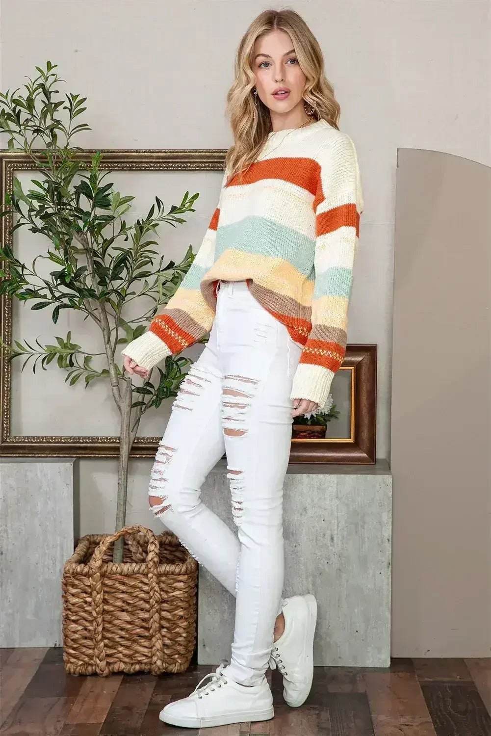 White Striped Color Block Drop Shoulder Knit Sweater - Femstylo