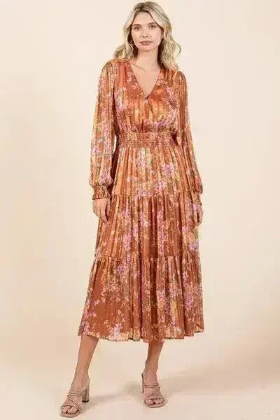 Mittoshop Flower Print Satin Lurex Stripe Smocked Midi Dress - Femstylo