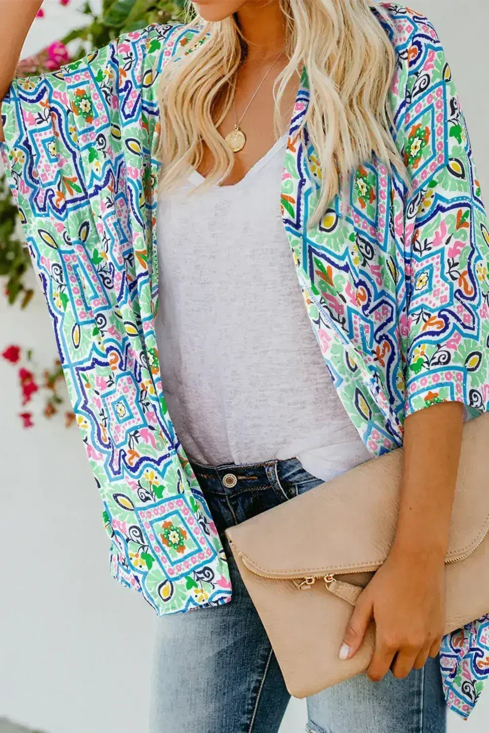White Boho Floral Printed Rhinestone 3/4 Sleeve Open Front Kimono - Femstylo