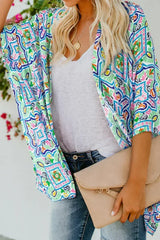 White Boho Floral Printed Rhinestone 3/4 Sleeve Open Front Kimono - Femstylo