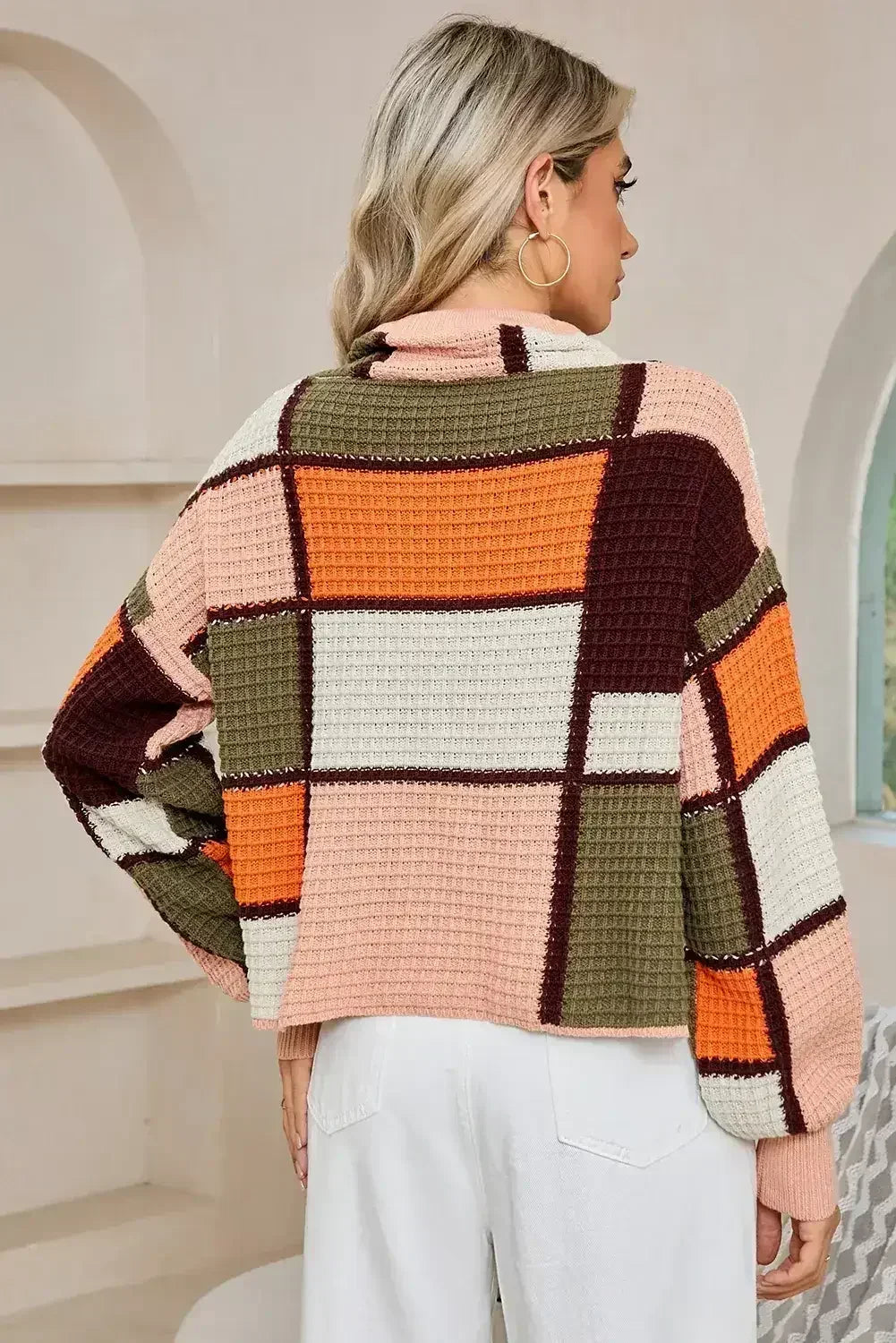 Orange Color Block Waffle Knit Drawstring Mock Neck Sweater - Femstylo