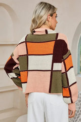 Orange Color Block Waffle Knit Drawstring Mock Neck Sweater - Femstylo