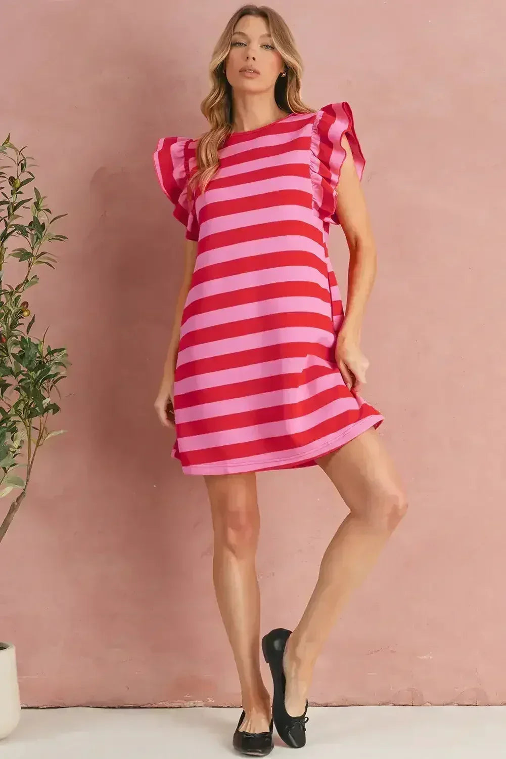 Black Stripe Flutter Sleeve Round Neck Shift Mini Dress - Femstylo