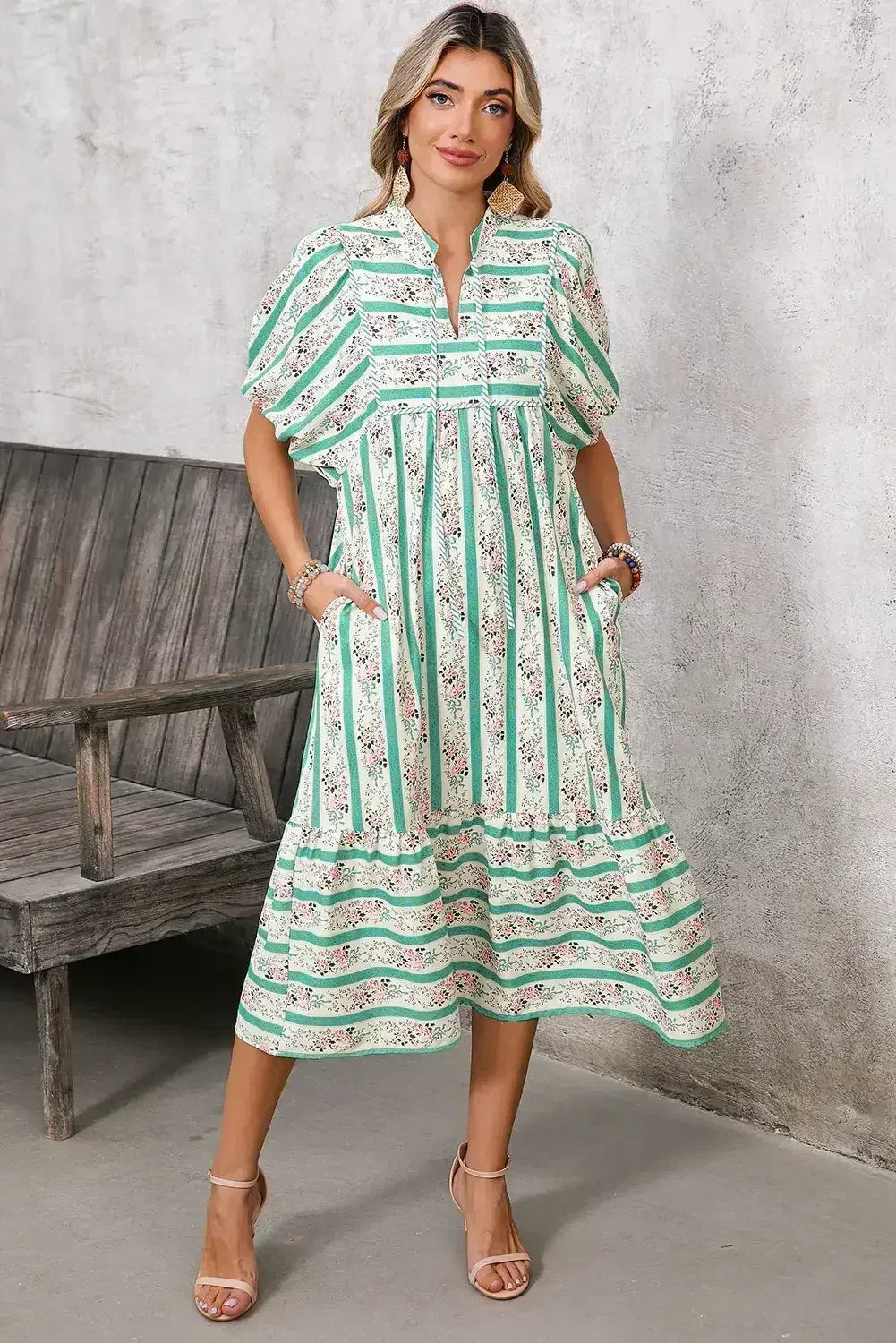 Multicolor Boho Floral Striped Tie V Neck Long Dress - Femstylo